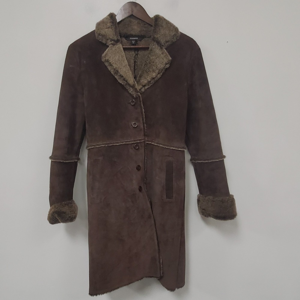 Express Womens Y2K Leather Penny Lane Coat XS Brown Suede Sherpa Button 11818